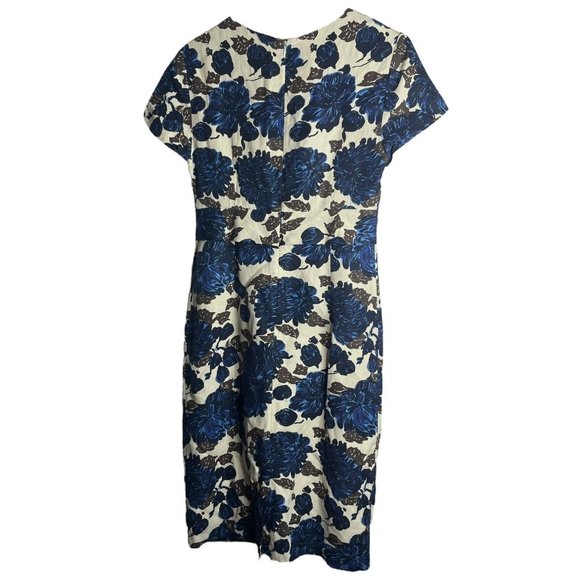 Boden Silk Linen Dress Womens 10 Reg Cap Sleeve Beige Blue Floral Shift Sheath - Picture 2 of 7